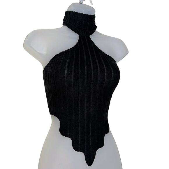 New Medium‎ Black High Neck Sleeveless Turtleneck Ribbed Drip Hem Crop Triangle - Picture 2 of 5